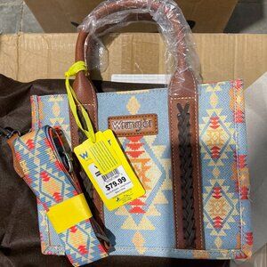 Blue Wrangler Southwestern Aztec Boho Tapestry Tote with Wide Logo Strap